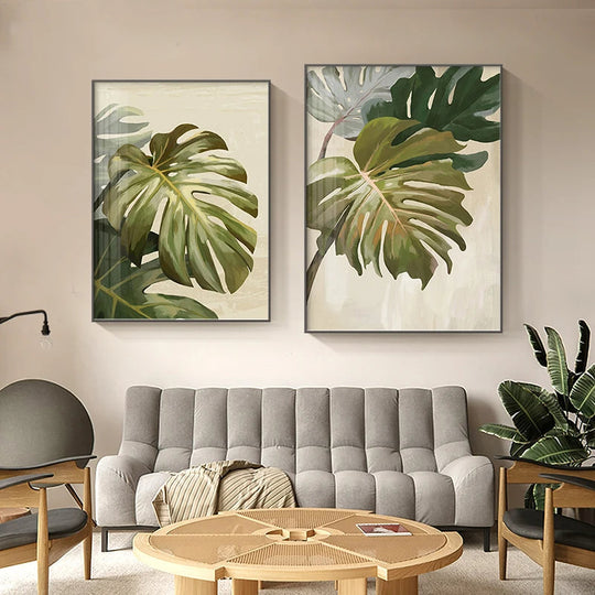 Modern Botanical Green Leaves Canvas Wall Art Unframed