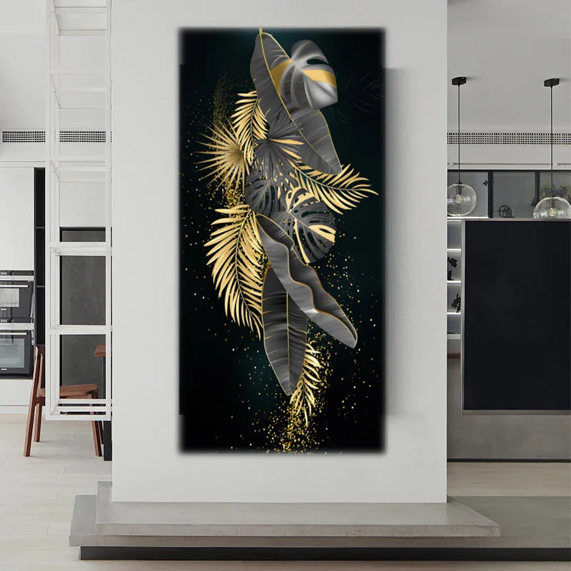 Modern Botanical Tropical Golden Leaves Canvas Wall Art Vertical