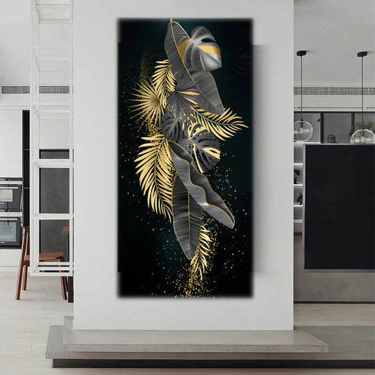 Modern Botanical Tropical Golden Leaves Canvas Wall Art Vertical