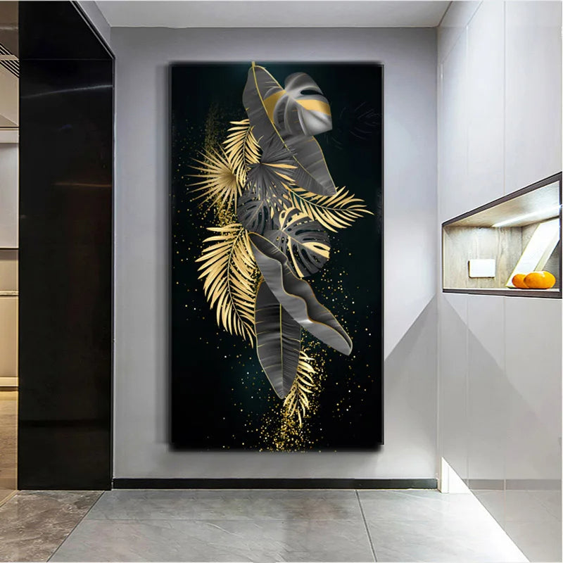 Modern Botanical Tropical Golden Leaves Canvas Wall Art Vertical