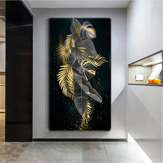 Modern Botanical Tropical Golden Leaves Canvas Wall Art Vertical