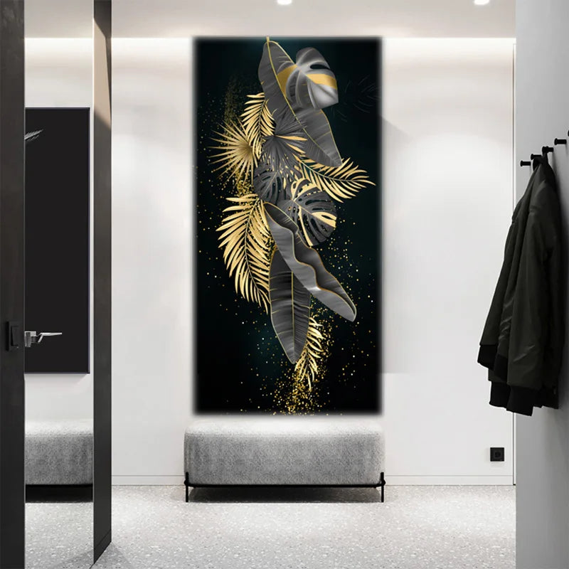 Modern Botanical Tropical Golden Leaves Canvas Wall Art Vertical