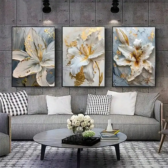 White & Gold Botanical Canvas Wall Art – Modern Floral Print (Unframed)