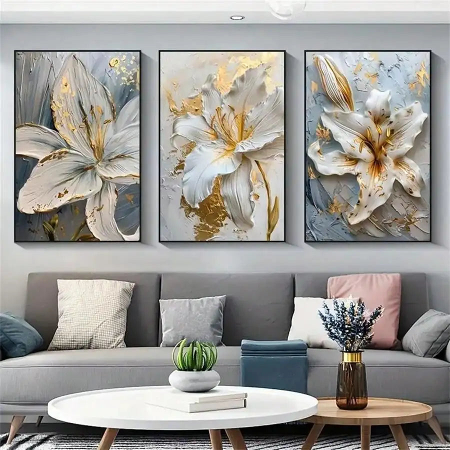 Modern Exotic Botanical White Golden Floral Canvas Wall Art