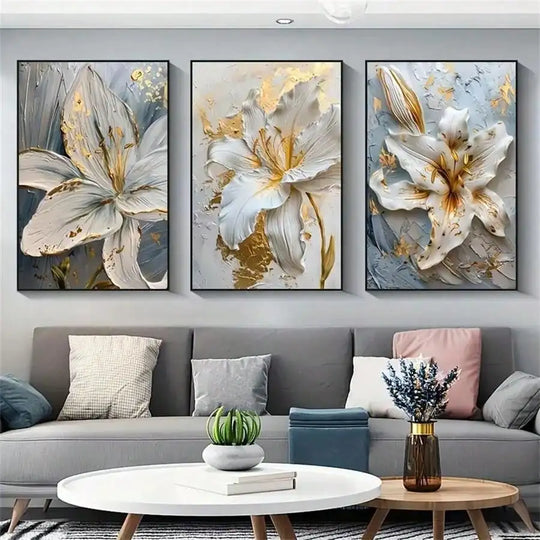 Modern Exotic Botanical White Golden Floral Canvas Wall Art