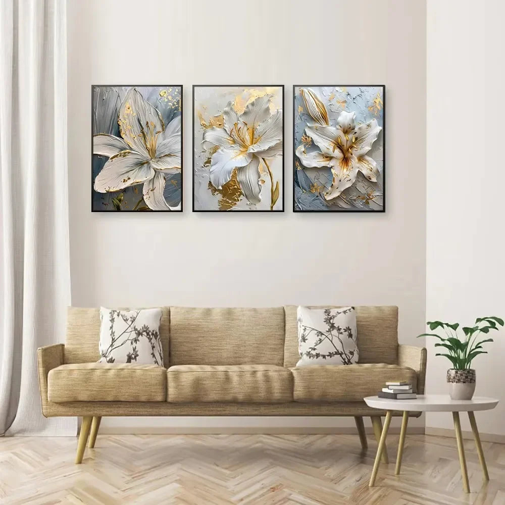 White & Gold Botanical Canvas Wall Art – Modern Floral Print (Unframed)