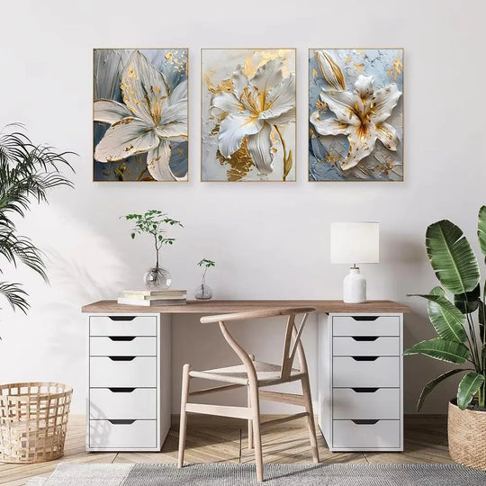 White & Gold Botanical Canvas Wall Art – Modern Floral Print (Unframed)