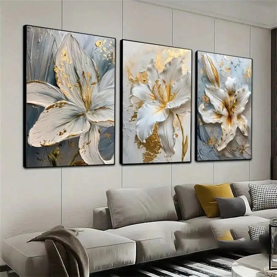 Modern Exotic Botanical White Golden Floral Canvas Wall Art
