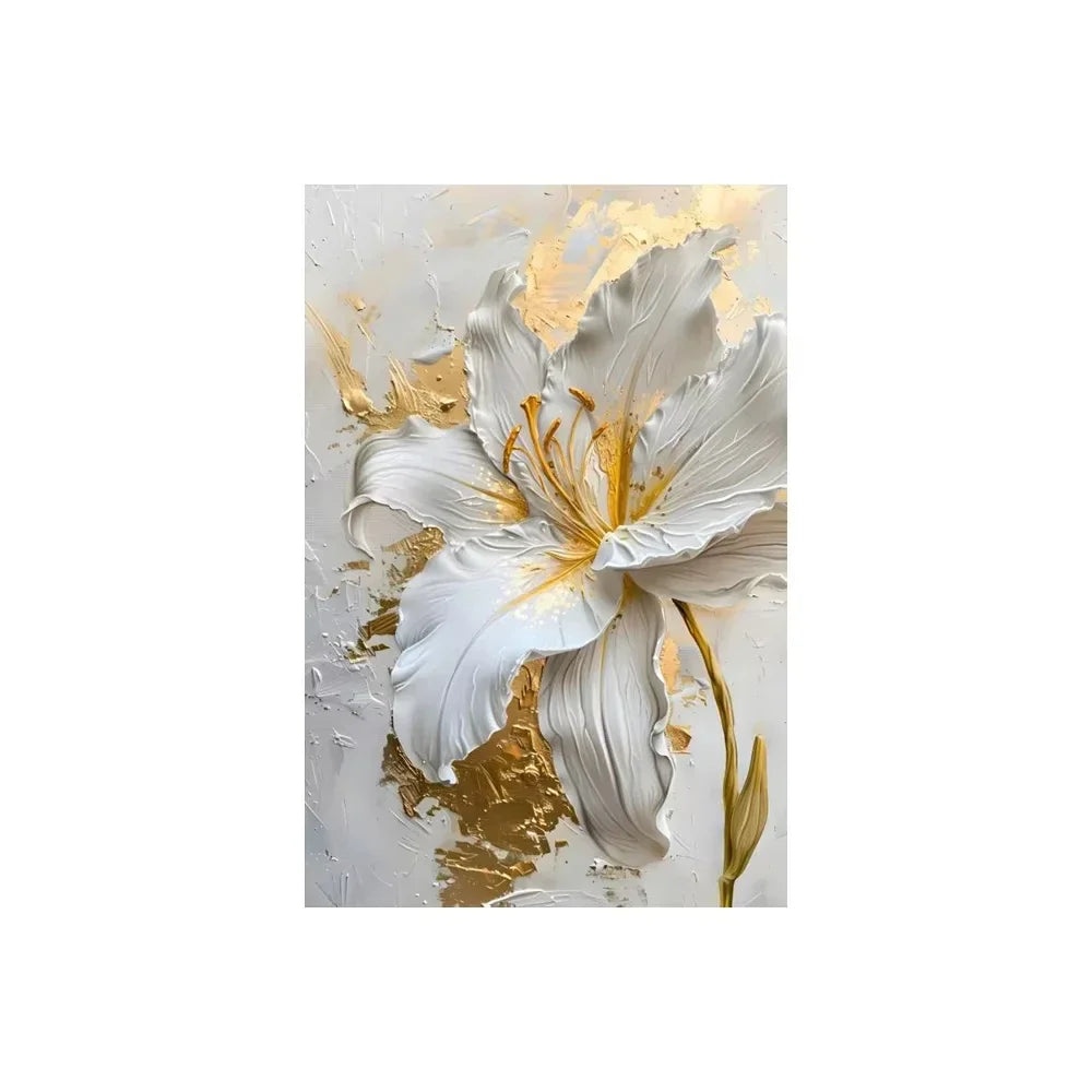 White & Gold Botanical Canvas Wall Art – Modern Floral Print (Unframed)