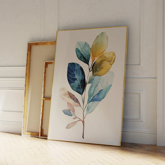 Modern Floral Blue Golden Watercolor Canvas Wall Art