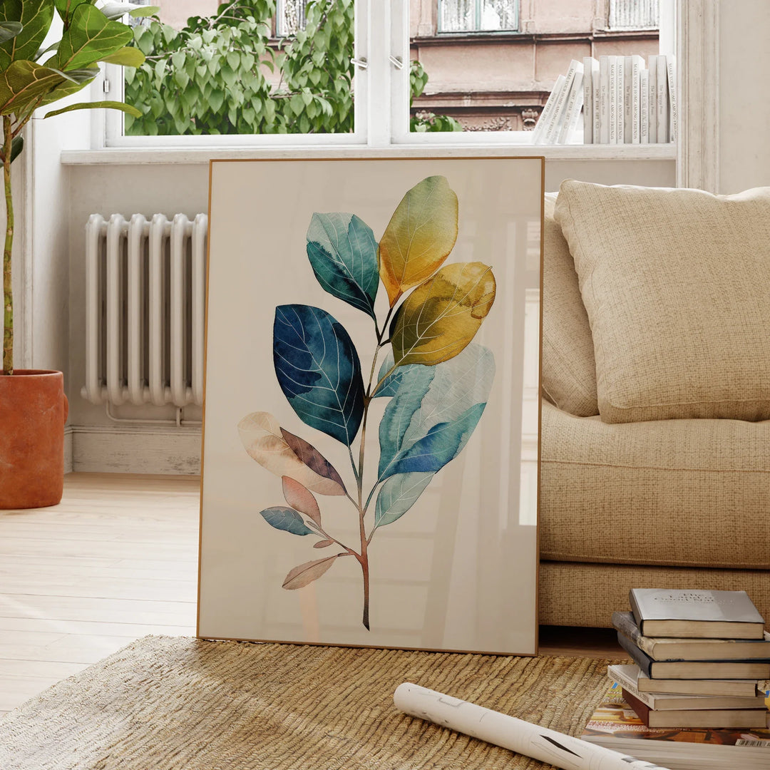 Modern Floral Blue Golden Watercolor Canvas Wall Art