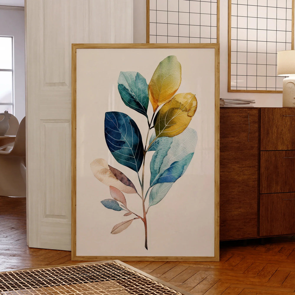 Modern Floral Blue Golden Watercolor Canvas Wall Art