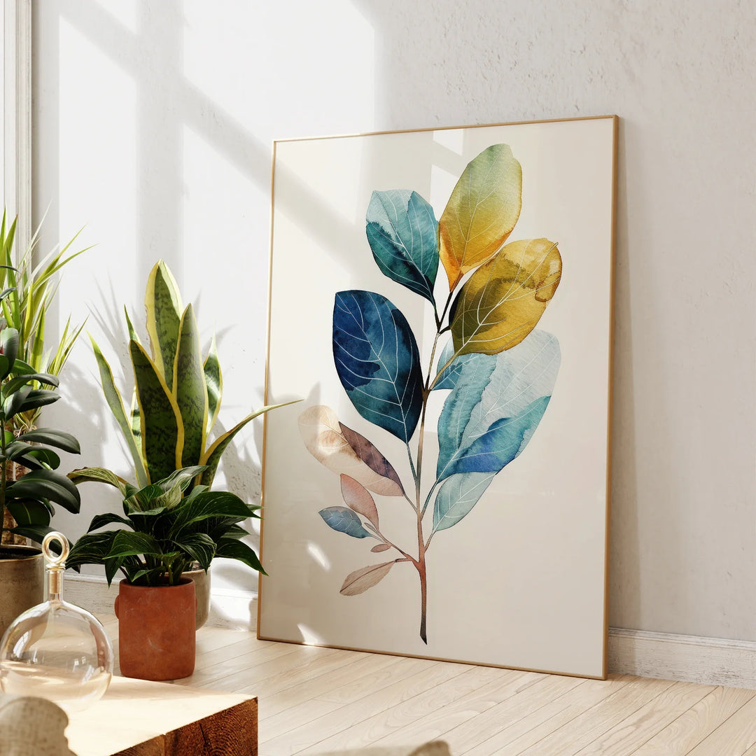 Modern Floral Blue Golden Watercolor Canvas Wall Art