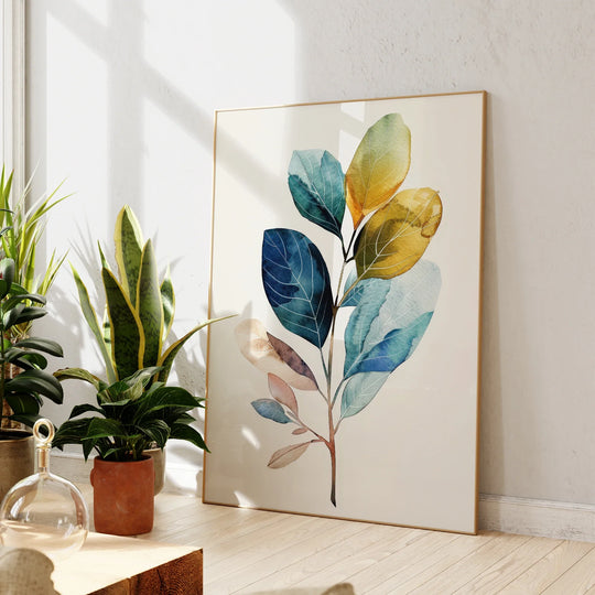 Modern Floral Blue Golden Watercolor Canvas Wall Art