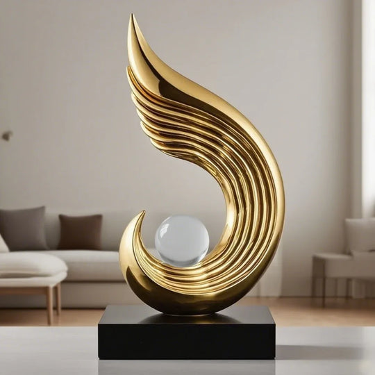 Modern Gold Flame Sculpture with White Sphere Decor Accent