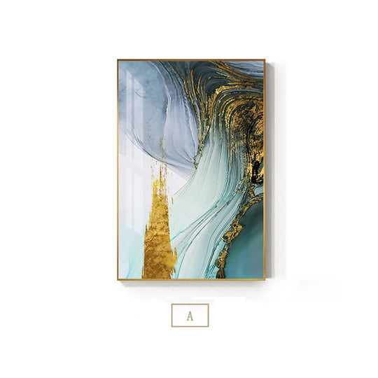 Modern Luxury Golden Blue Jade Abstract Canvas Wall Art