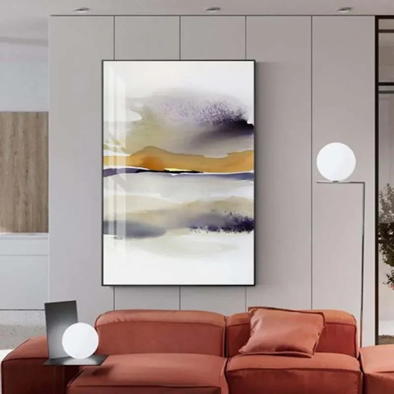 Modern Minimalist Blue Grey Abstract Landscape Canvas Wall Art Unframed