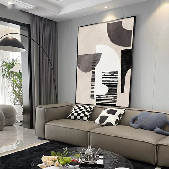 Neutral Black Beige Grey Abstract Geometric Canvas Wall Art Unframed