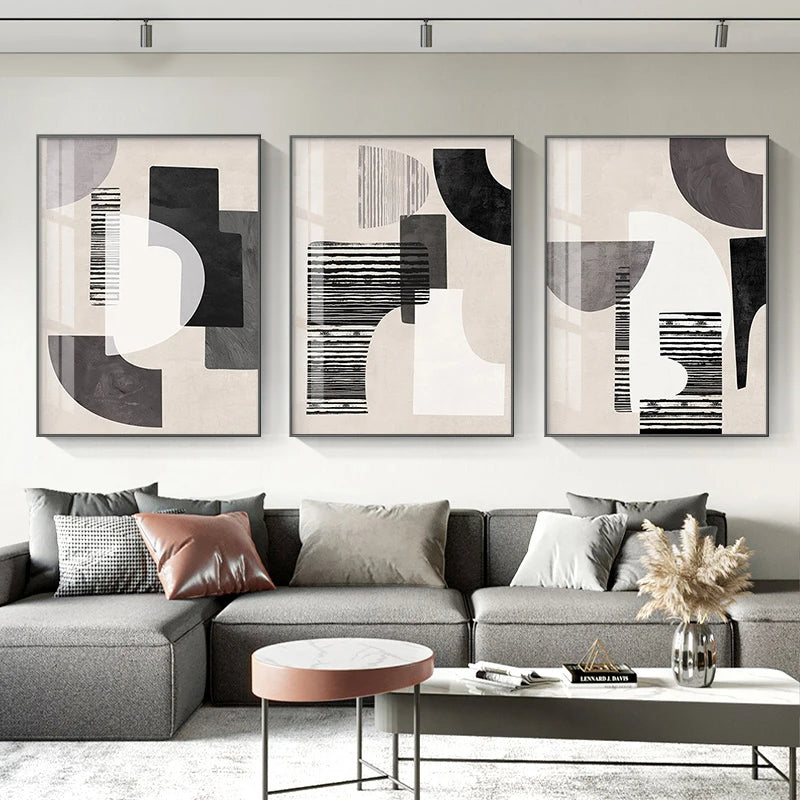 Neutral Black Beige Grey Abstract Geometric Canvas Wall Art Unframed