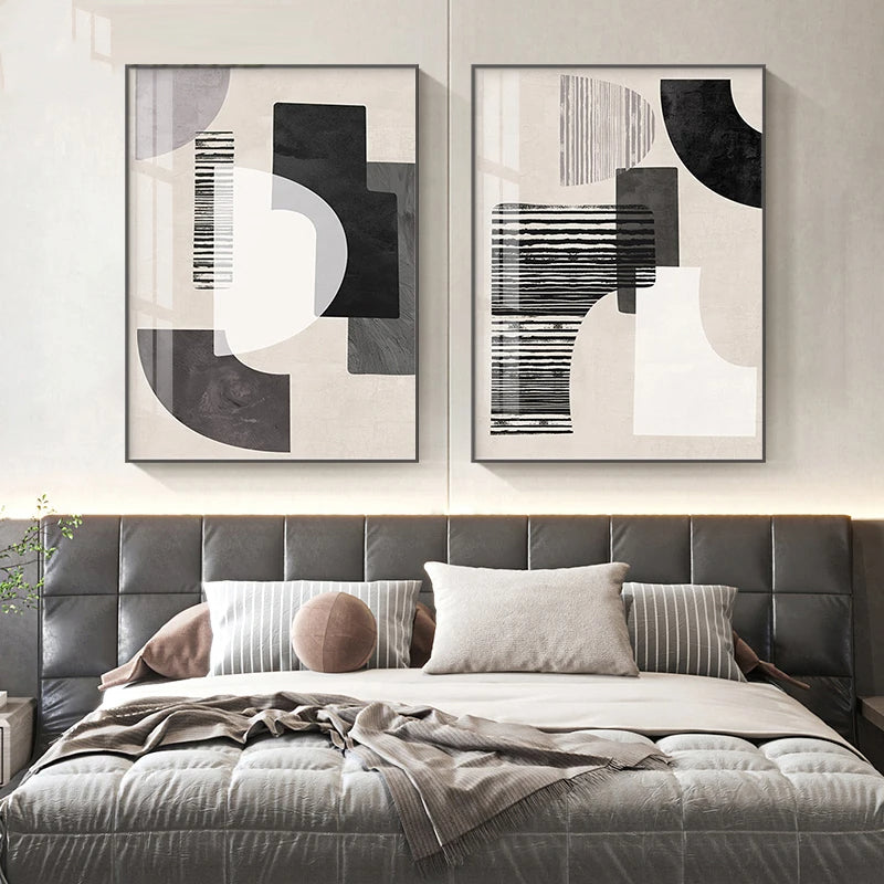 Neutral Black Beige Grey Abstract Geometric Canvas Wall Art Unframed