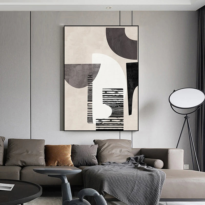 Neutral Black Beige Grey Abstract Geometric Canvas Wall Art Unframed