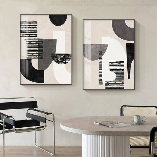 Neutral Black Beige Grey Abstract Geometric Canvas Wall Art Unframed