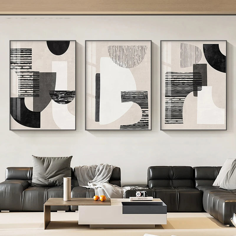 Neutral Black Beige Grey Abstract Geometric Canvas Wall Art Unframed