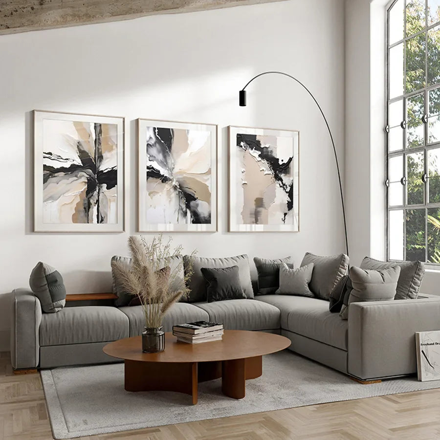 Neutral Palette Grey Black Beige Abstract Canvas Wall Art Set of 3