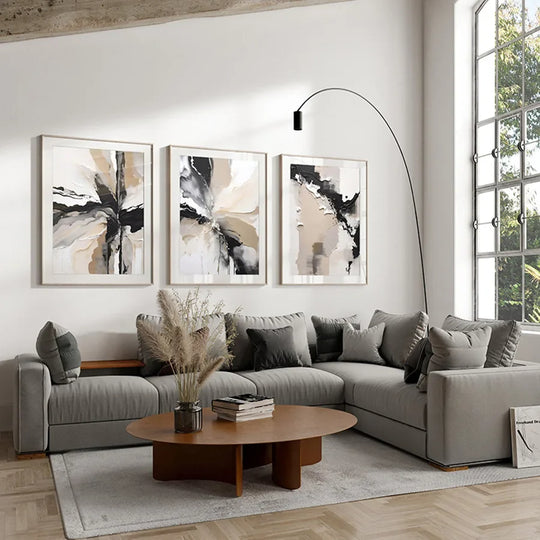 Neutral Palette Grey Black Beige Abstract Canvas Wall Art Set of 3