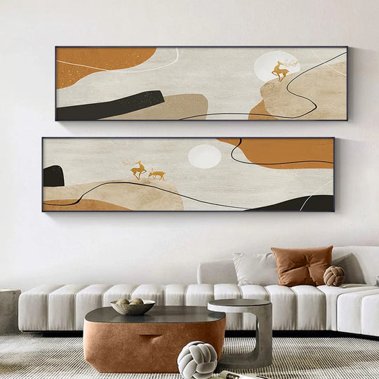 Golden Deer Abstract Landscape Wide Format Canvas Wall Art Unframed