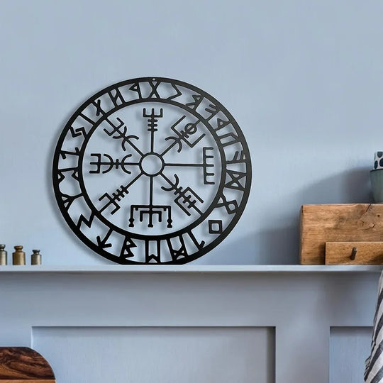 Viking Runes Compass Black Metal Wall Art Decor