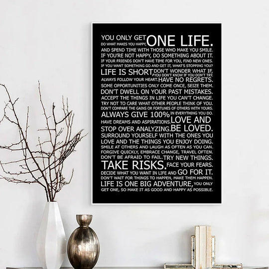 One Life Inspirational Quote Black White Canvas Wall Art