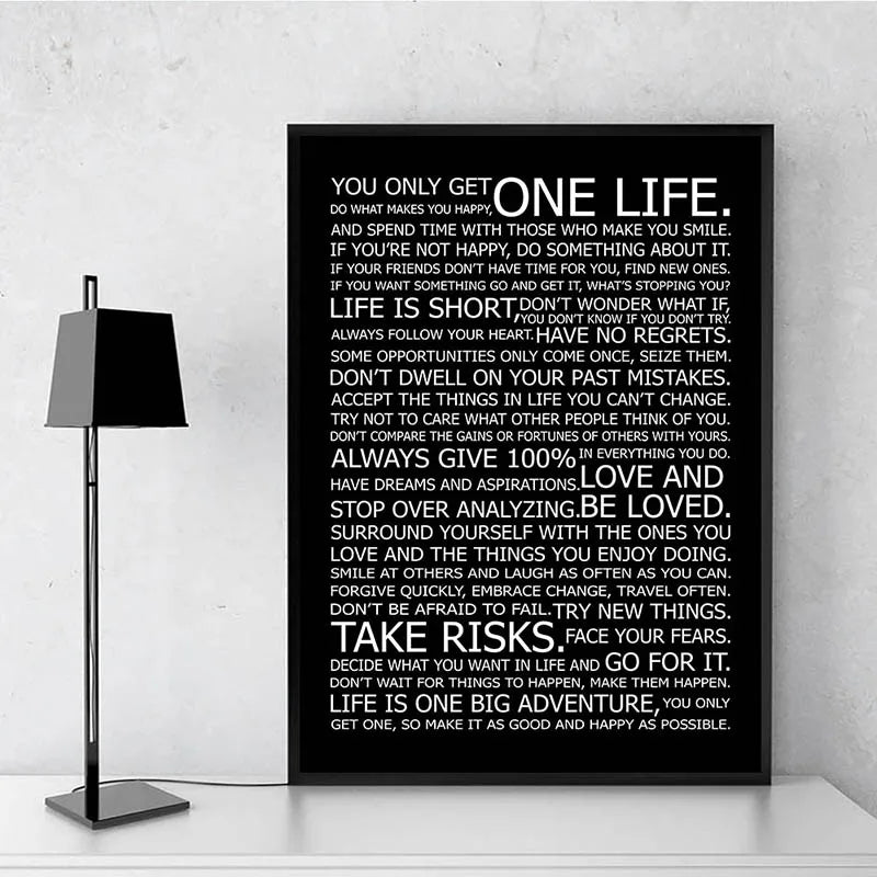 One Life Inspirational Quote Black White Canvas Wall Art