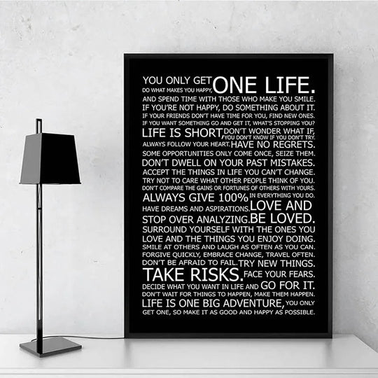 One Life Inspirational Quote Black White Canvas Wall Art