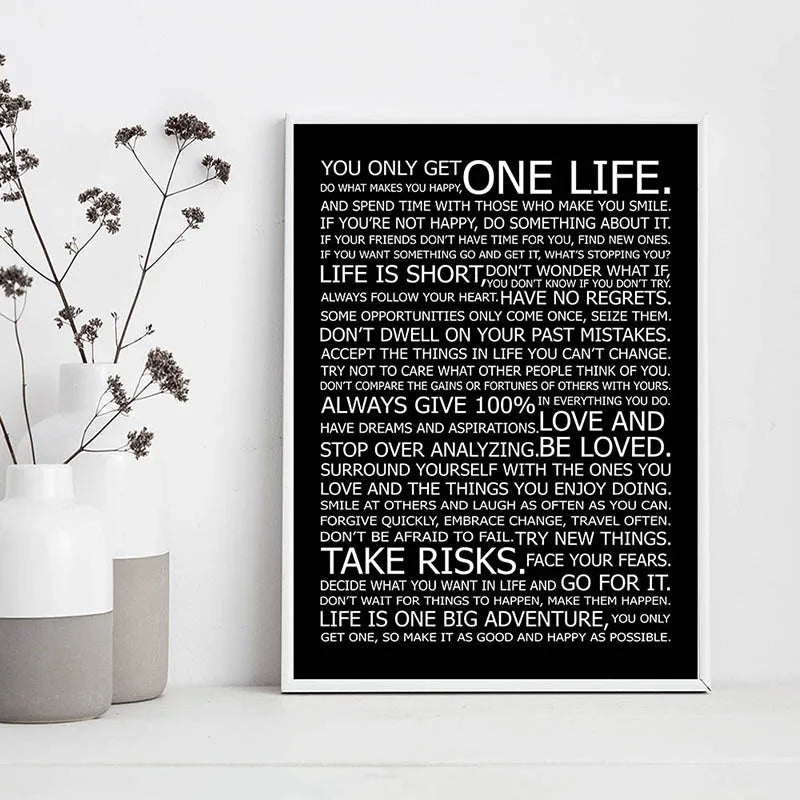 One Life Inspirational Quote Black White Canvas Wall Art