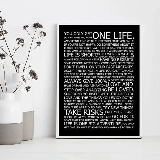 One Life Inspirational Quote Black White Canvas Wall Art
