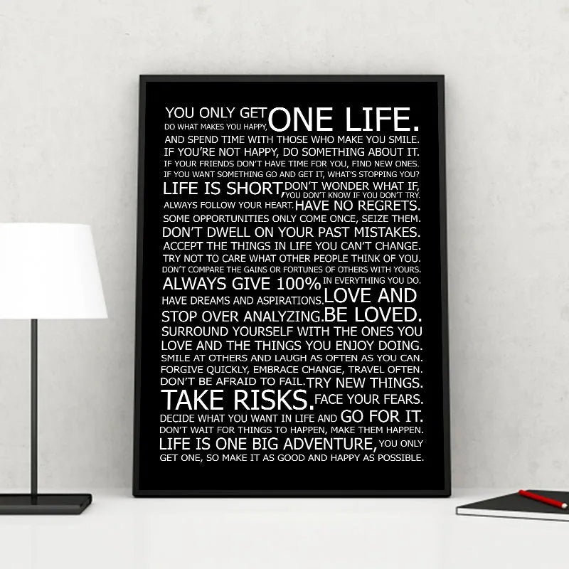 One Life Inspirational Quote Black White Canvas Wall Art