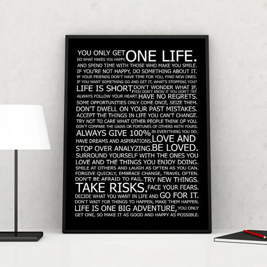 One Life Inspirational Quote Black White Canvas Wall Art