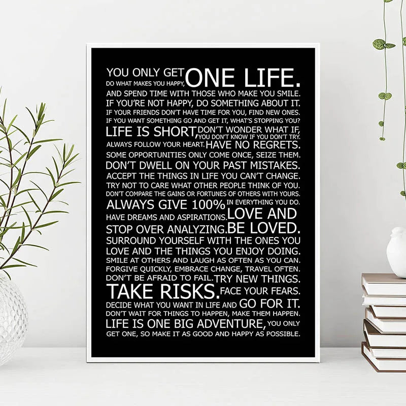 One Life Inspirational Quote Black White Canvas Wall Art