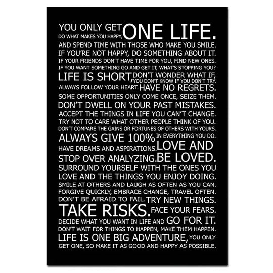 One Life Inspirational Quote Black White Canvas Wall Art