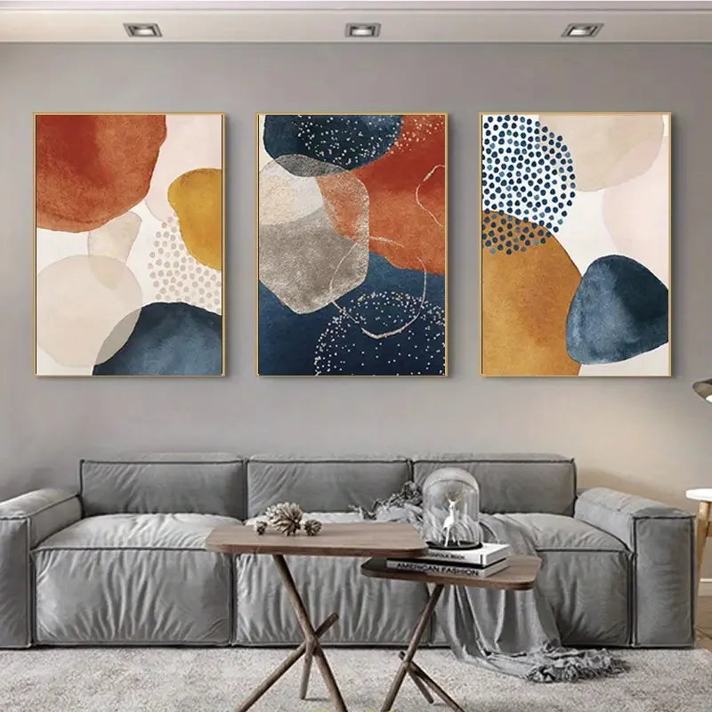 Orange Blue Abstract Canvas Wall Art Set of 3