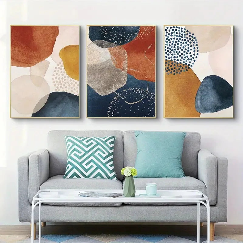 Orange Blue Abstract Canvas Wall Art Set of 3