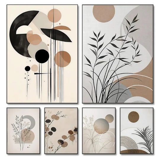 Oriental Zen Botanical Moon Sun Abstract Canvas Wall Art