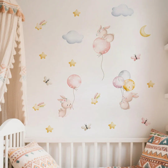 Pink Bunny Balloons And Butterflies Wall Decals For Nursery