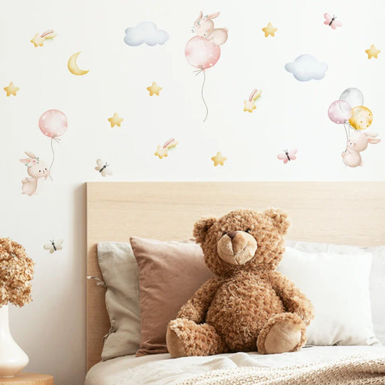 Pink Bunny Balloons And Butterflies Wall Decals For Nursery