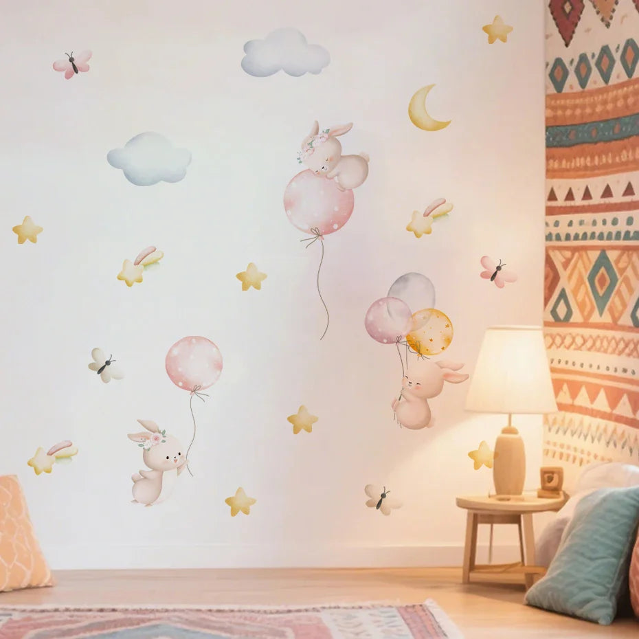 Pink Bunny Balloons And Butterflies Wall Decals For Nursery
