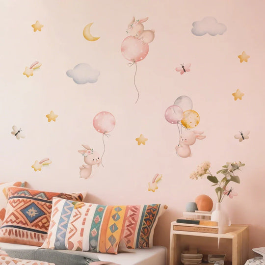 Pink Bunny Balloons And Butterflies Wall Decals For Nursery
