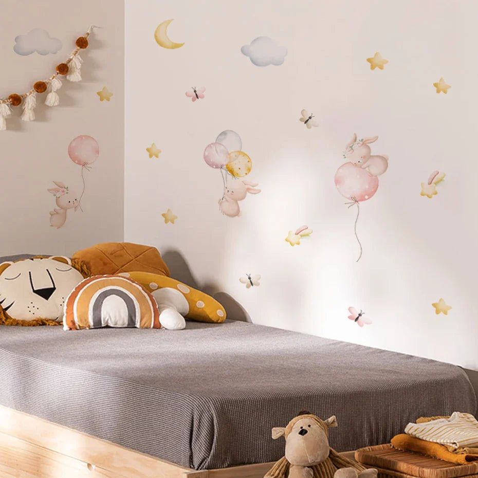 Pink Bunny Balloons And Butterflies Wall Decals For Nursery