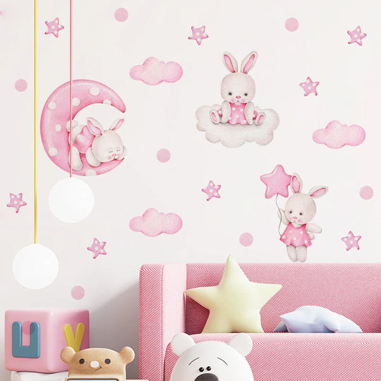 Pink Bunny Moon Clouds Wall Decals For Nursery Room