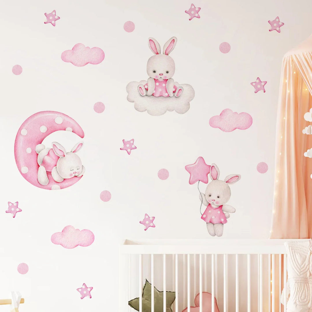 Pink Bunny Moon Clouds Wall Decals For Nursery Room